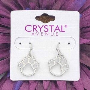 🌼 Paw Print Silver Rhinestone Dangle Earrings